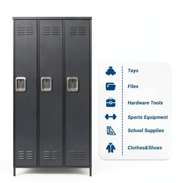 Fesbos Metal Locker Black 3 Door Lockable Storage Cabinet-4