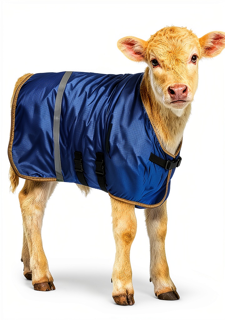 ZRSCHYG Fleece Lined Calf Blanket installed on Holstein calf in snowy conditions
