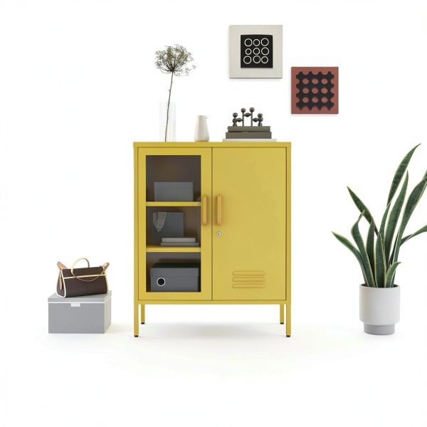 Storage Cabinet Aiasuit Mustard Metal Frame Blackout Doors 33H-1